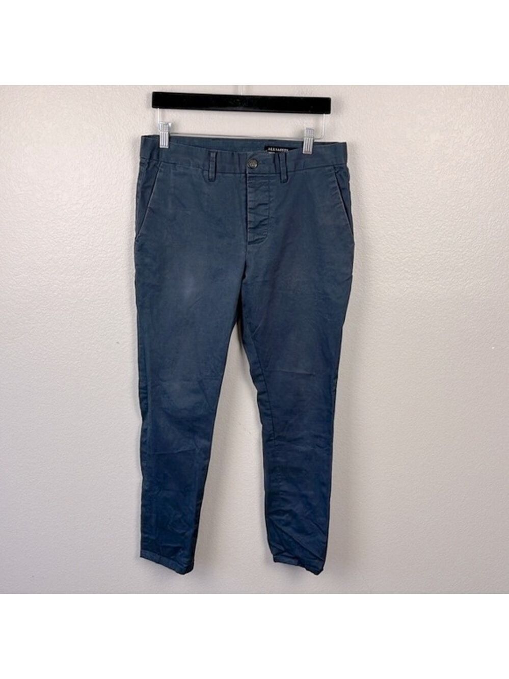 All Saints Walde Chino Pants Worker Blue Skinny Leg Button Fly Khaki Twill 30